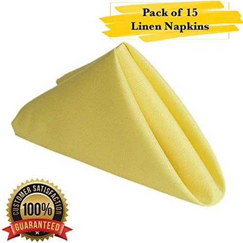 PrimeLyne Premium Polyester Dinner Napkins - 17x17 Stain and Wrinkle Resistant Linen Napkins with Hemmed Edges, Pack of 15 (Yellow)