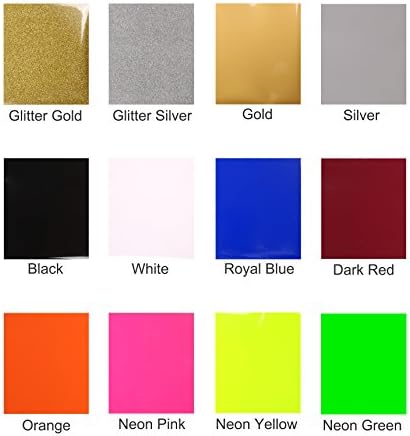 Heat Transfer Vinyl (HTV) 12 Sheet Starter Bundle (10x12) Iron on or Heat Press for T-Shirts, Hats and Clothing Silhouette, Cricut and Cameo Compatible Bonus 2 Glitter and 3 Neon Sheets