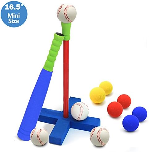 CELEMOON Kids Soft Foam Mini T-Ball/Standard Sized Baseball Set Toy + Different Colored Balls + Carry/Organize Bag, For Kids Over 1 Years Old (Mini T-Ball)
