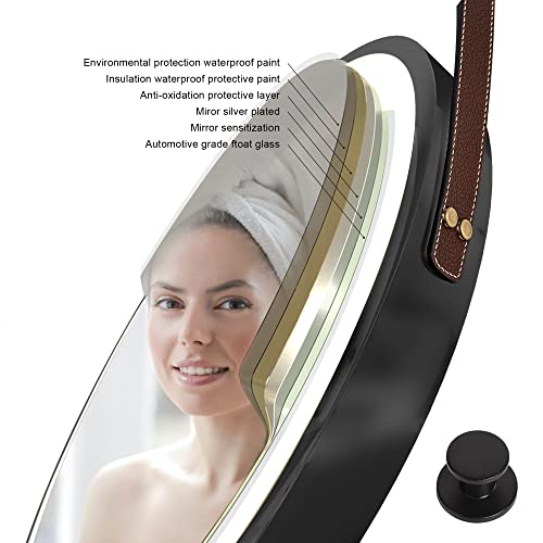 GETPRO 24" Round Led Bathroom Mirror with Lights Black Frame Leather