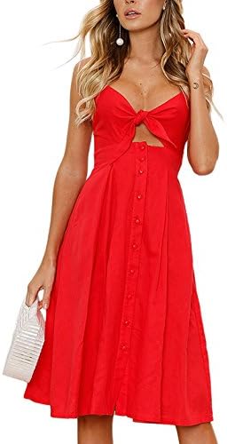 Women's Casual Summer Dresses V Neck Button Down Spaghetti Strap Tie Front A-Line Backless Midi Dress (S, Red)