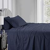 RV Mattress Short Queen Sheet Set 400 Thread Count Egyptian Cotton -Made for RV, Camper & Motorhomes 4 Pcs Sheet Set 15" deep Pocket Short Queen Navy Blue Stripe