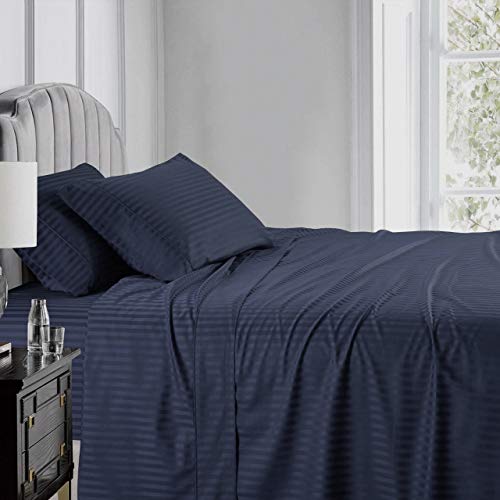 RV Mattress Short Queen Sheet Set 400 Thread Count Egyptian Cotton -Made for RV, Camper & Motorhomes 4 Pcs Sheet Set 15" deep Pocket Short Queen Navy Blue Stripe