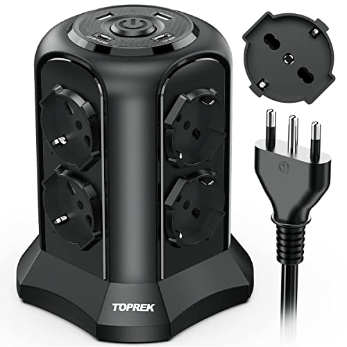 TOPREK Vertical Power Strip with 8 Universal Sockets ITA 10/16A and Schuko and 2 Type C and 2 Type A (USB-C1 20W PD3.0 Quick Charge), 4000W/16A, Power Strip with Switch, 2M Cable, 16A Plug, Black