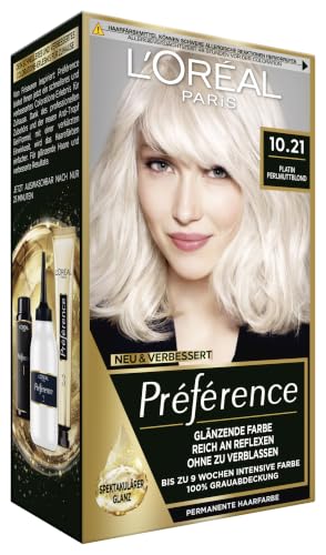 L'Oréal Paris Permanente Haarfarbe, Haarfärbeset mit Coloration und Farbglanz-Pflegebalsam, Préférence, 10.21 Platin Perlmuttblond, 3er Set