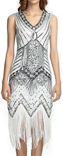 Deargles Women 1920s Gastby Sequined Art Nouveau Embellished Fringed Flapper Dress XPR003 White Silver M