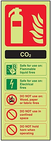 V Safety 11004AJ-G Glow In The Dark Co2 Id Fire Extinguisher Sign - 100mm x 280mm - Rigid Plastic, Black/Green/Red