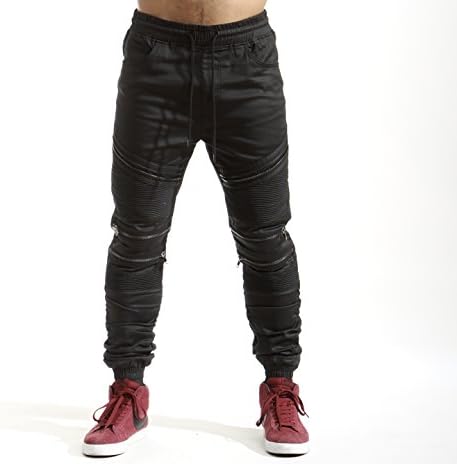 URBANMANIA Men's Hipster Hip Hop Wax Twill Moto Jogger Pants W/Zipper Detail (S, BLACK)
