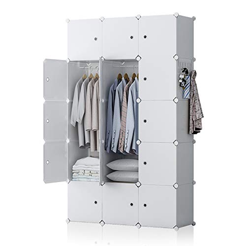 GEORGE&DANIS Portable Wardrobe Plastic Modular Closet Organization Customizable Cube Storage Organizer Bedroom Armoire Dresser, White, 18 inches Depth, 3x5 Tiers
