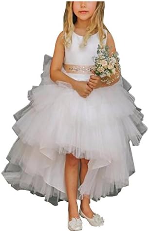 PEBridal Girls' Hi Lo Tiered Tutu Flower Girl Dress Tulle Princess Pageant Gown 6 Ivory