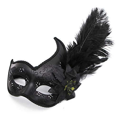 WSSROGY Black Glitter Feather Flower Masquerade Mask Venetian Mardi Gras Mask for Women Men Couples