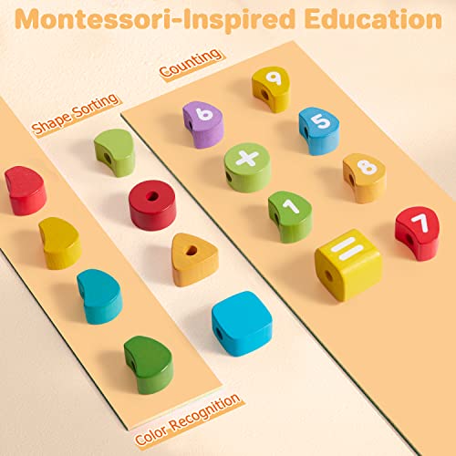 Montessori Wooden Toddlers Toys, Stacking & Lacing Beads & Learn To