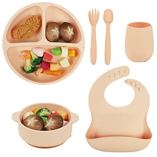 My Little Nursery Lot vaisselle Antidérapente, Pack De 7 Pièces Beige Bébé : Assiette + Couvercle, Tasse, Bol, Bavoir, Fourchette, Cuillère - Compatible Micro-Ondes Et Lave Vaisselle - Sans BPA Ni PVC