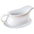 Large Gravy Boat, 15 OZ Ceramic Sauce Boat with Tray &Ergonomic Handle, Fine Porcelain Gravy Bowl With Big Dripless Lip Spout For Gravy, Warming Sauces, Salad Dressings, MilK (White)
