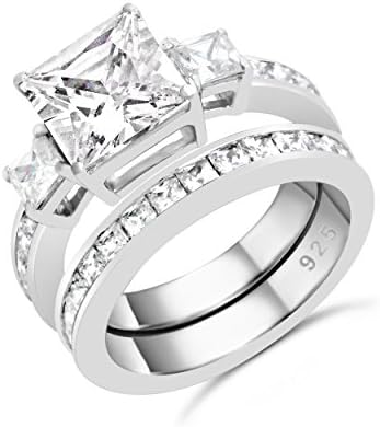 Sterling Silver Past Present Future Princess Cut CZ Engagement Ring Set