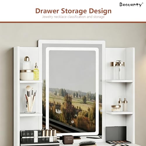 Beauenty Makeup Vanity Table, Vanity Desk with LED Mirror and Stool, Modern Simple Dressing Table with 2 Drawers and Multi-level Storage, Vanity Set Gifts for Women and Girls, White (80 * 40 * 140cm)