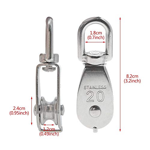 Nxtop Stainless Steel Wire Rope Crane Pulley Block M20 Lifting Crane Swivel Hook Single Pulley Block Hanging Wire Towing Wheel 6Pcs