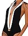 LolliLook Womens Deep V Fashion One-Piece Swimsuit Beach Wear (M) White and Black