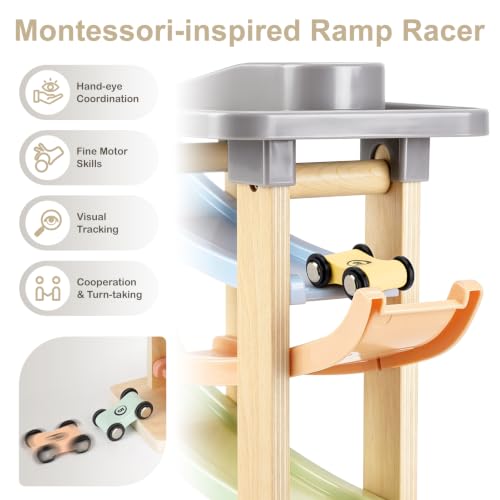 Joyreal Baby Toy 1 2 Year Old - Wooden Ramp Car Montessori Games with 8 Mini Car Child and Wooden Garage Toy Gift Boy Girl Child