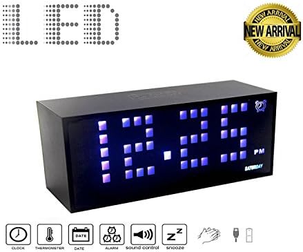 Small Digital LED Alarm Clock Large 1.5" Digits. 2-Display Mode Time 12/24 Day/Date Temperature(°C/°F) Sound-Activate &amp; USB Output Charger Port for iPhone. Power by 4xAA Battery/USB 5V DC (LED Blue)