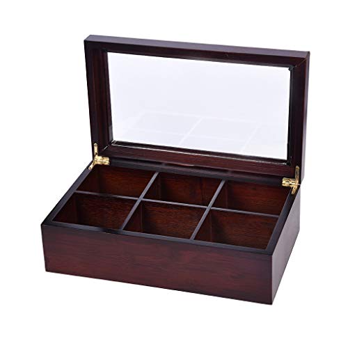 Iusun Bamboo Tea Box Organizer Chest with Clear Hinged Lid 6 Compartments Small Drawer Tea Bag Classic Teabag Holder Variety Box Storage Sections 12X7X3.7'' - Ship From USA (Redwood) - Thumbnail 7