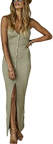 Yimeili Women’s Summer Button Down Adjustable Spaghetti Straps Maxi Dress Sleeveless Bodycon Sexy Evening Dresses