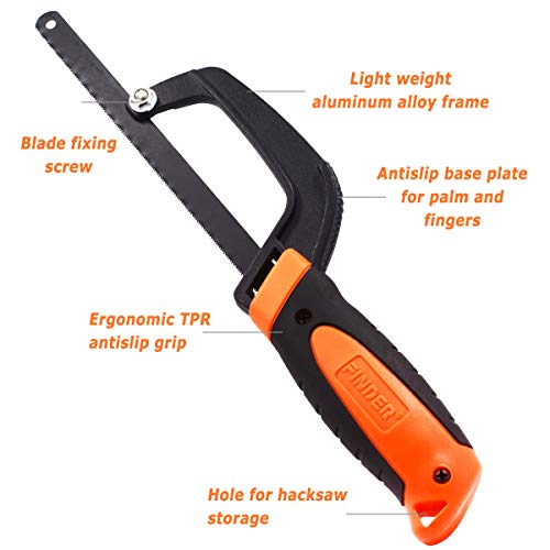 Finder Hacksaw With Saw Blade Aluminium Alloy Light Weight Compact Hand Operation Hack Saw For Wood Board PVC Pipe (3pcs 12-inch Extra Hacksaw Blades Included)