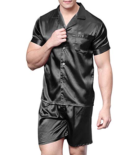 Sanraflic® Men's Satin Pajamas Short Button-Down Pj Set Sleepwear Loungewear (Black, XL) - Thumbnail 4