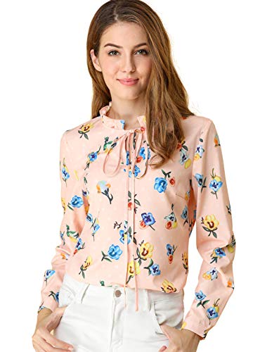 Allegra K Women's Tie Ruffled Neckline Polka Dots Long Sleeves Floral Blouse Tops XS Pink