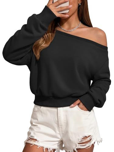 ATHMILE Womens Off the Shoulder Sweatshirt Long Sleeve Crop Top Black at Amazon