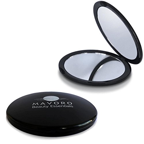 Magnifying Compact Mirror - 10X Magnification Mirror and 1X Mirror - 4 inch Diameter, Compact Mirror for Purses by Mavoro Beauty Essentials (Black)