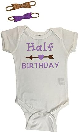 Half Birthday Baby Girl Bundle Of Bodysuit and Two Stretchable Glittery Headbands (6 Months, Lavender)