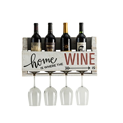 The Little Elm Wine Rack w/Quote 'Home is Where the Wine is', del Hutson Designs - USA Handmade Reclaimed Wood, Wall Mounted, 4 Bottle 4 Long Stem Glass Holder (White)