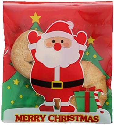 SCHOLMART Self Adhesive Sealing Cello Cellophane Gift Treat Bags for Bakery, Cookies, Biscuits, Candies, Dessert, Christmas, Santa Claus, Snowman, Buddies Holiday (100 Pack) (San Claus, Santa/w Tree)
