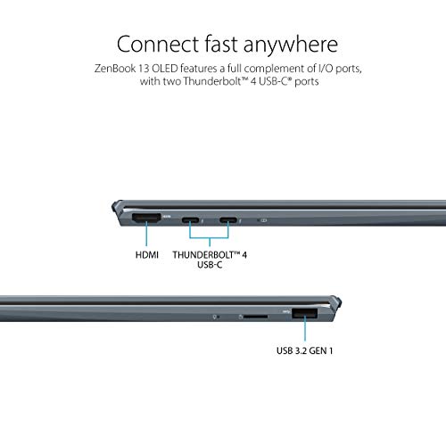 ASUS ZenBook 13 Ultra-Slim Laptop, 13.3” OLED NanoEdge, Intel Evo Platform i7-1165G7, 16GB, 512GB SSD, NumberPad, Thunderbolt 4, Wi-Fi 6, Windows 11 Pro, AI Noise-Cancellation, Pine Grey, UX325EA-XH74