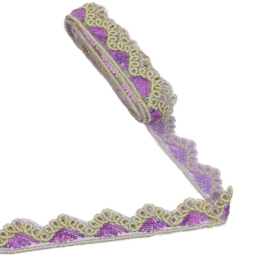 CABODYALS 9.14M 43mm Purple Lace Trim Floral Glitter Sequins Gold Edging Orchid Embroidery Braid Trimmings Sparkle Paillette Polyester Tulle Ribbon for Sewing Making Clothes Dress Decor Party Craft