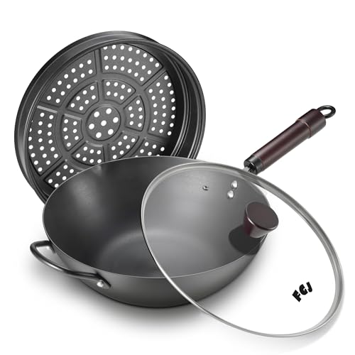 Photo 1 of ***MISSING PIECES*** ***READ CLERK NOTES*** FGJ Wok, 13 Inch carbon steel woks with steamer & stir-fry pans nonstick, Pre-Seasoned 5.8QT Flat Bottom Chinese Wok Paella Pan with lid, Carbon Steel Cookware, Compatible with All Cooktops