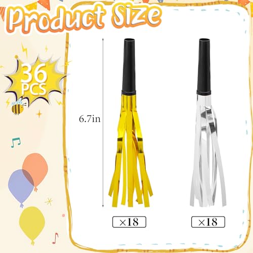 LovesTown 36PCS Metallic Fringed Party Blowers, Glitter Noise Makers Gold Silver Blowouts Whistles for Kids Adults Birthday New Year Sporting Events Graduation Party Supplies