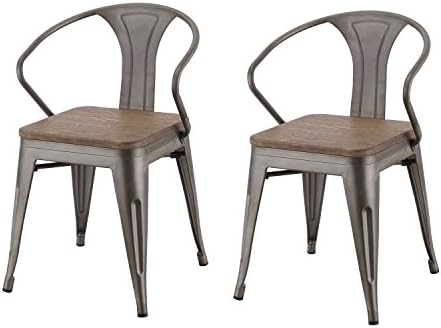 DecentHome Metal Stackable Tolix Style Dining Chairs, Set of 2 (Curve Armrest, Wood Seat, Grey Bronze)