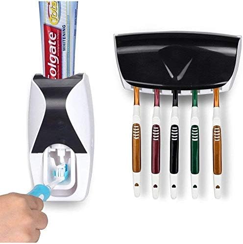 BeeShine Automatic Toothpaste Dispenser Set, Toothbrush Holder Wall Mount with Wall Mount Dustproof Toothbrush Holder, Together with 5 Free Brushes (Black)
