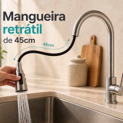 Torneira Gourmet Inox 360° com Mangueira Retrátil 45cm – Dois Modos de Água para Cozinha Spray e Chuveiro - Design Moderno, Rápida Instalação e Alta Durabilidade