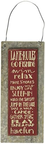 Primitives by Kathy Hand-Lettered Hanging Sign, 7 by 3-Inch, Lake Rules
