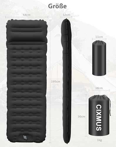 CIXMUS Inflatable Camping Sleeping Mat with Foot Pump and Pillow, 12 cm Thickened - Comfortable, Ultralight, Small Pack Size, Connectable - Ideal for Hiking, Camping and Travel