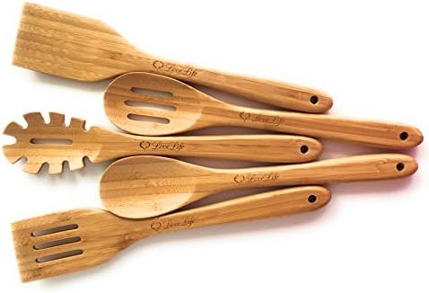 SUPER SMOOTH Bamboo Wooden Utensil Set (5 piece)-Solid-No Splinters-Non Toxic-Eco Friendly-Ergonomic Design-Stylish-Classic
