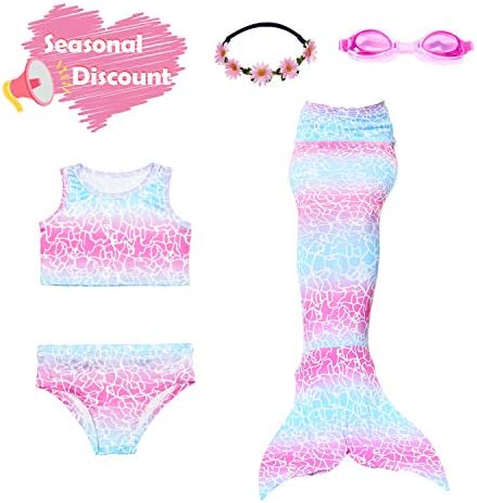 Mermaid Swimsuit, Mermaid Tails for 3-12 Years Old Girls, Swimming Princess Sea-Maid Bikini Set + Garland + Swim Goggles (140(8-10Y), JP85)