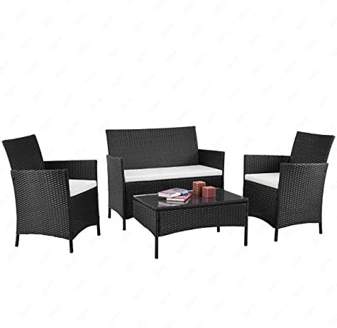 ORKAN 4PC Outdoor Rattan Wicker Patio Furniture Set Cushioned Sofa &amp; Table Garden Lawn BLACK