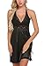 ADOME Women Lingerie Lace Babydoll Chemises V Neck Nightwear Satin Sleepwear Slips Black L