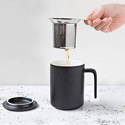 Krokori Ceramic Cup Glaze Tea Cup Coffee Mugs Cup with Lid and Infuser for Home, Kitchen, Office and Daily Use, Dishwasher Safe - 16oz (Black)