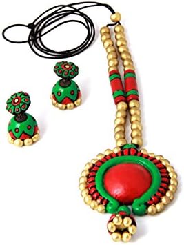 Aadaa Handmade Terracotta Jewelery with Jhumka Pendant (Gold and Green)