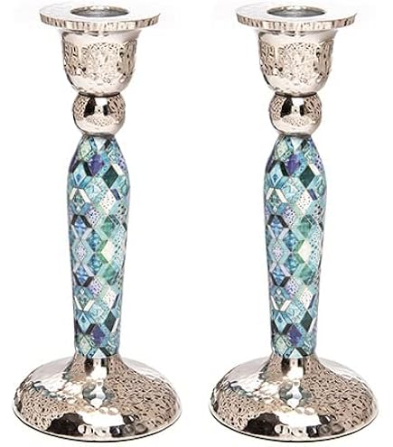 Candelabros Cilíndricos De Níquel Martillado Con Anillos Níquel Y Plata
